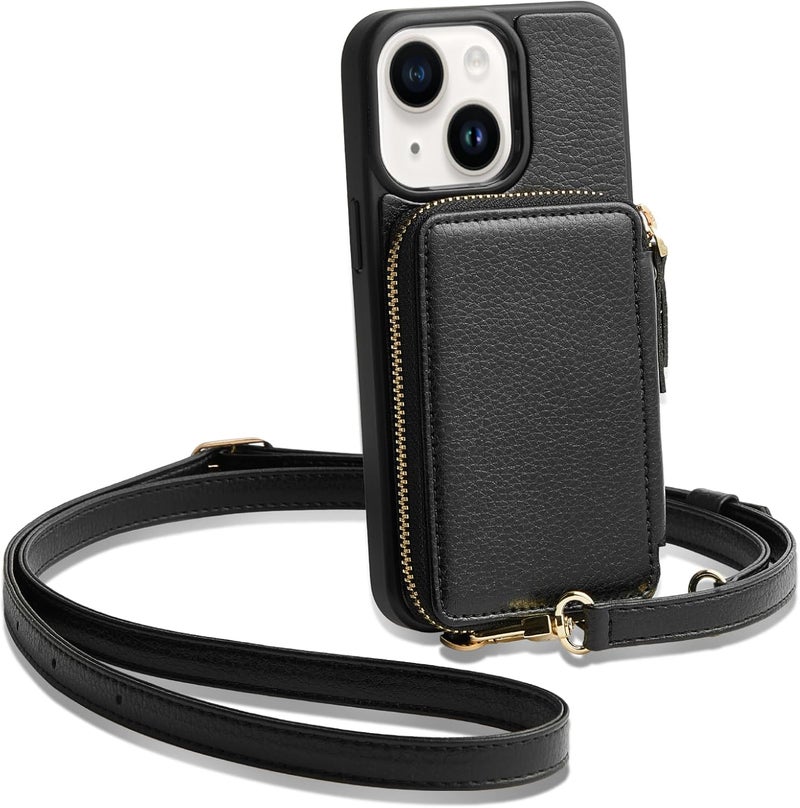 ZVE for iPhone 15 Wallet Case, Card Holder Crossbody Phone Purse for Women, Zipper Leather RFID Blocking Carrying Cover with Wrist Strap for iPhone 15 (6.1 inch)- Black - Image 1